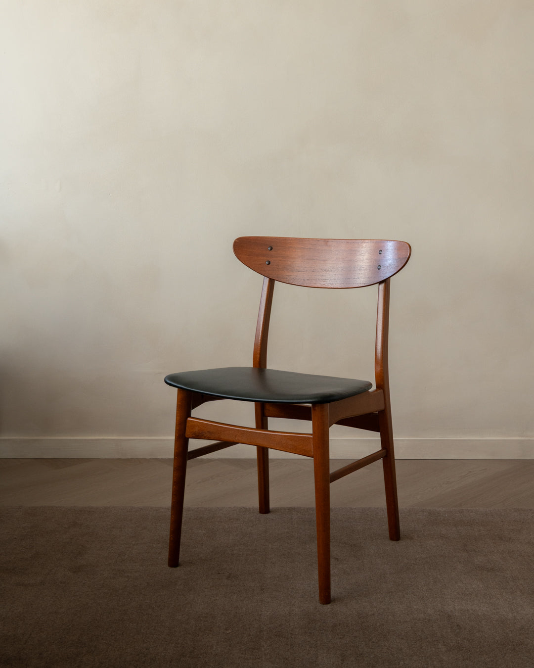Mid Century Teak Dining Chairs, Newly Upholstered Black Skai Seats, 1960s