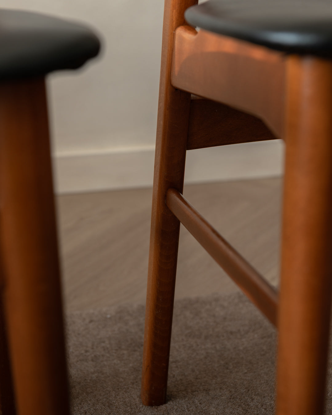 Mid Century Teak Dining Chairs, Newly Upholstered Black Skai Seats, 1960s