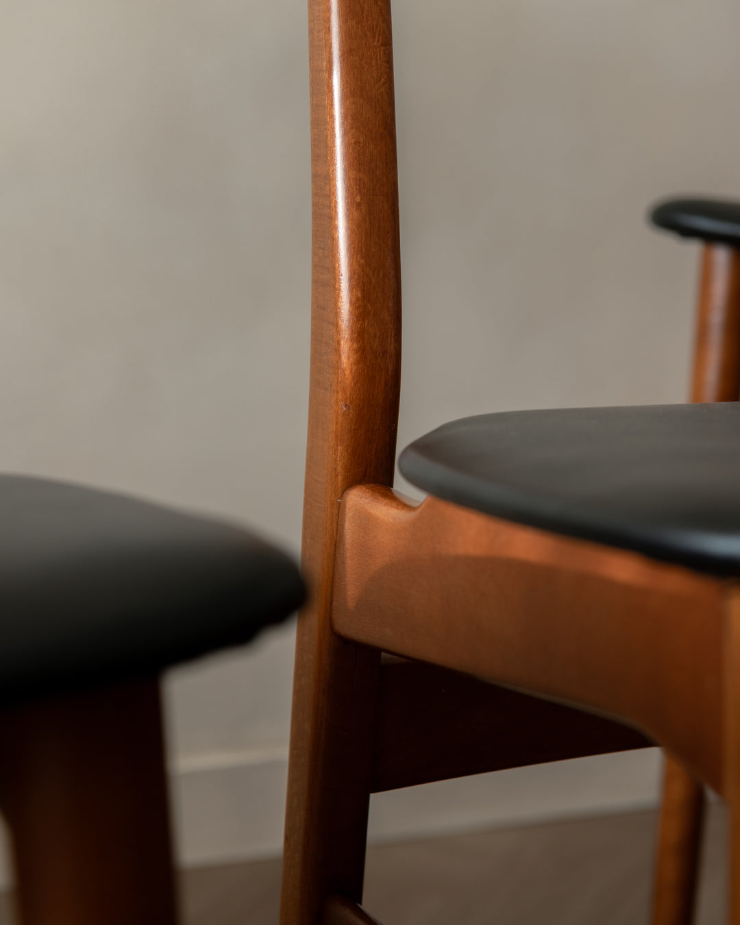 Mid Century Teak Dining Chairs, Newly Upholstered Black Skai Seats, 1960s