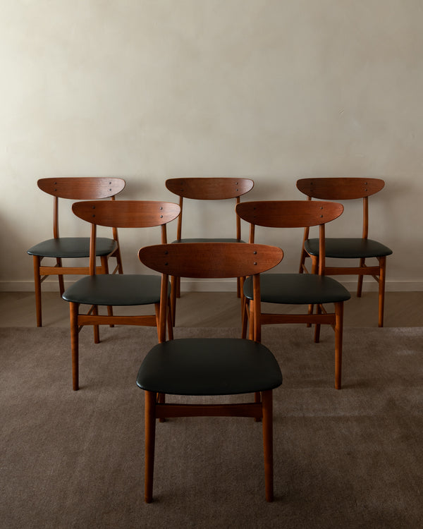 Mid Century Teak Dining Chairs, Newly Upholstered Black Skai Seats, 1960s