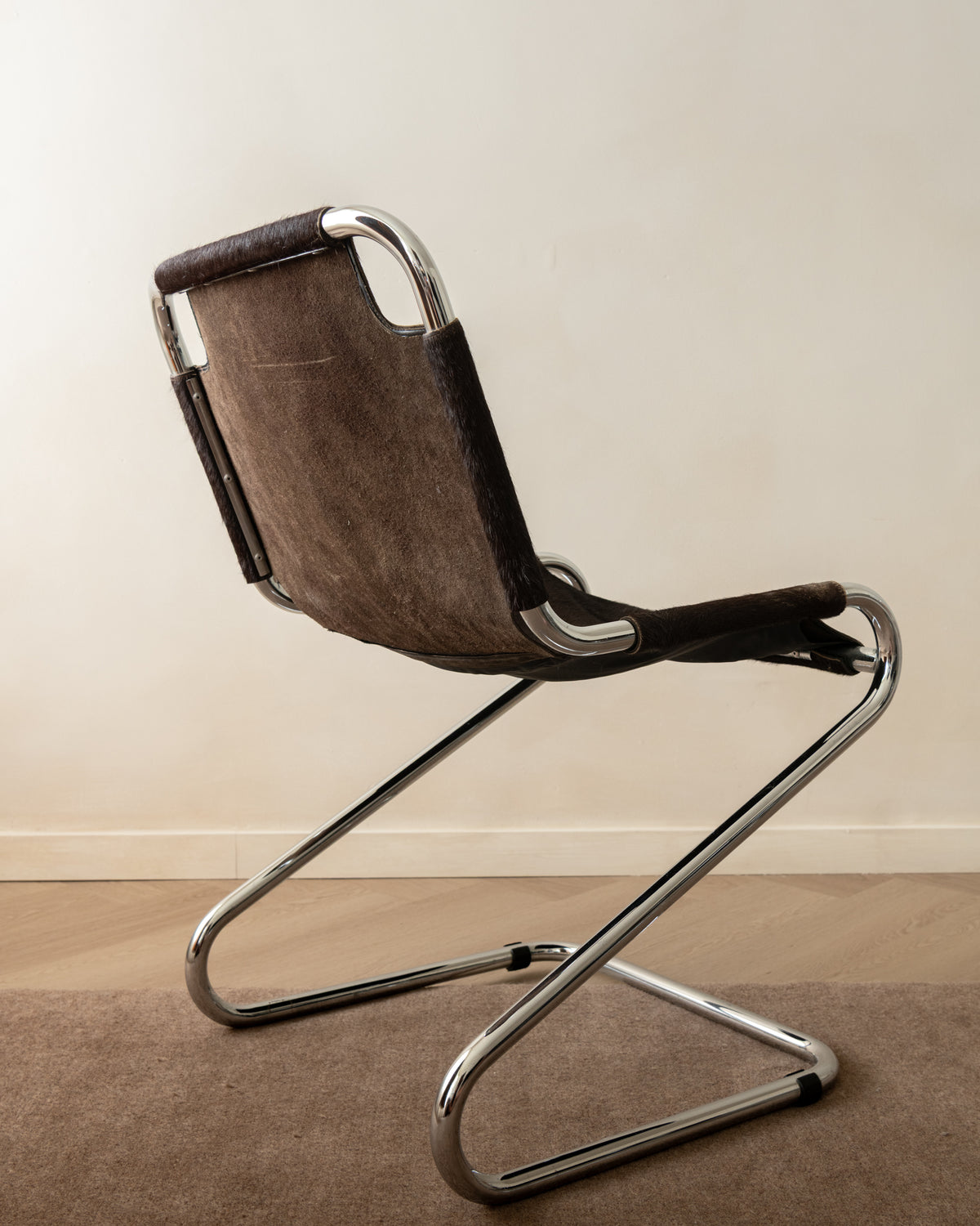 Italian Chrome and Cowhide Cantilever Dining Chairs, 1970s, Set of 4