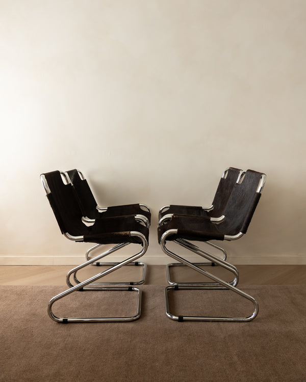 Italian Chrome and Cowhide Cantilever Dining Chairs, 1970s, Set of 4