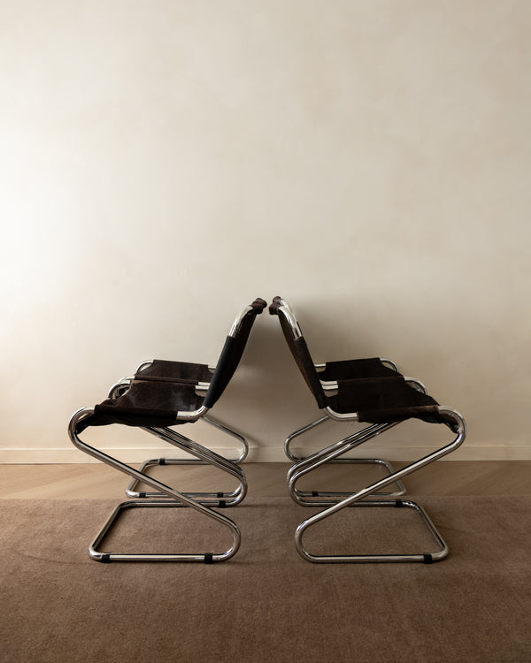 Italian Chrome and Cowhide Cantilever Dining Chairs, 1970s, Set of 4