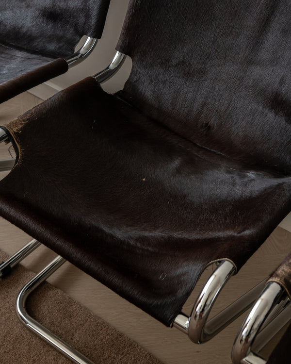 Italian Chrome and Cowhide Cantilever Dining Chairs, 1970s, Set of 4