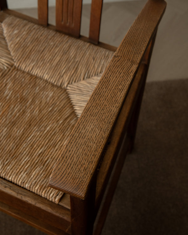 Dutch Art Deco Oak and Rush Armchair, Amsterdam School, 1920s