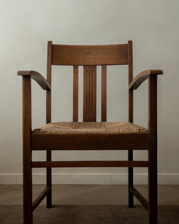 Dutch Art Deco Oak and Rush Armchair, Amsterdam School, 1920s