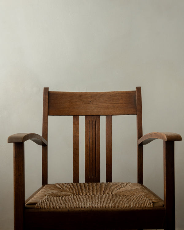 Dutch Art Deco Oak and Rush Armchair, Amsterdam School, 1920s