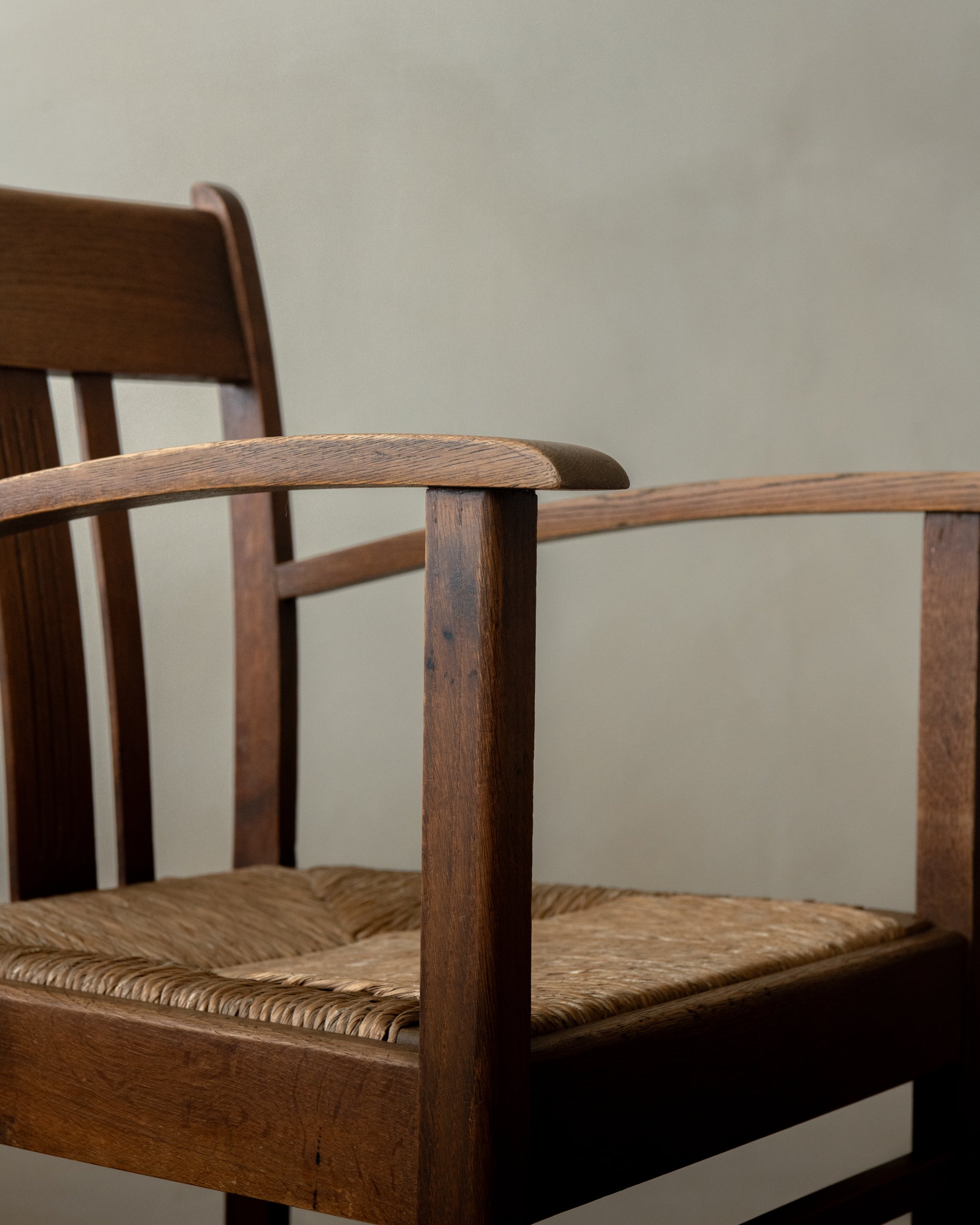 Dutch Art Deco Oak and Rush Armchair, Amsterdam School, 1920s