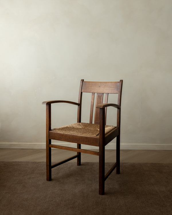 Dutch Art Deco Oak and Rush Armchair, Amsterdam School, 1920s