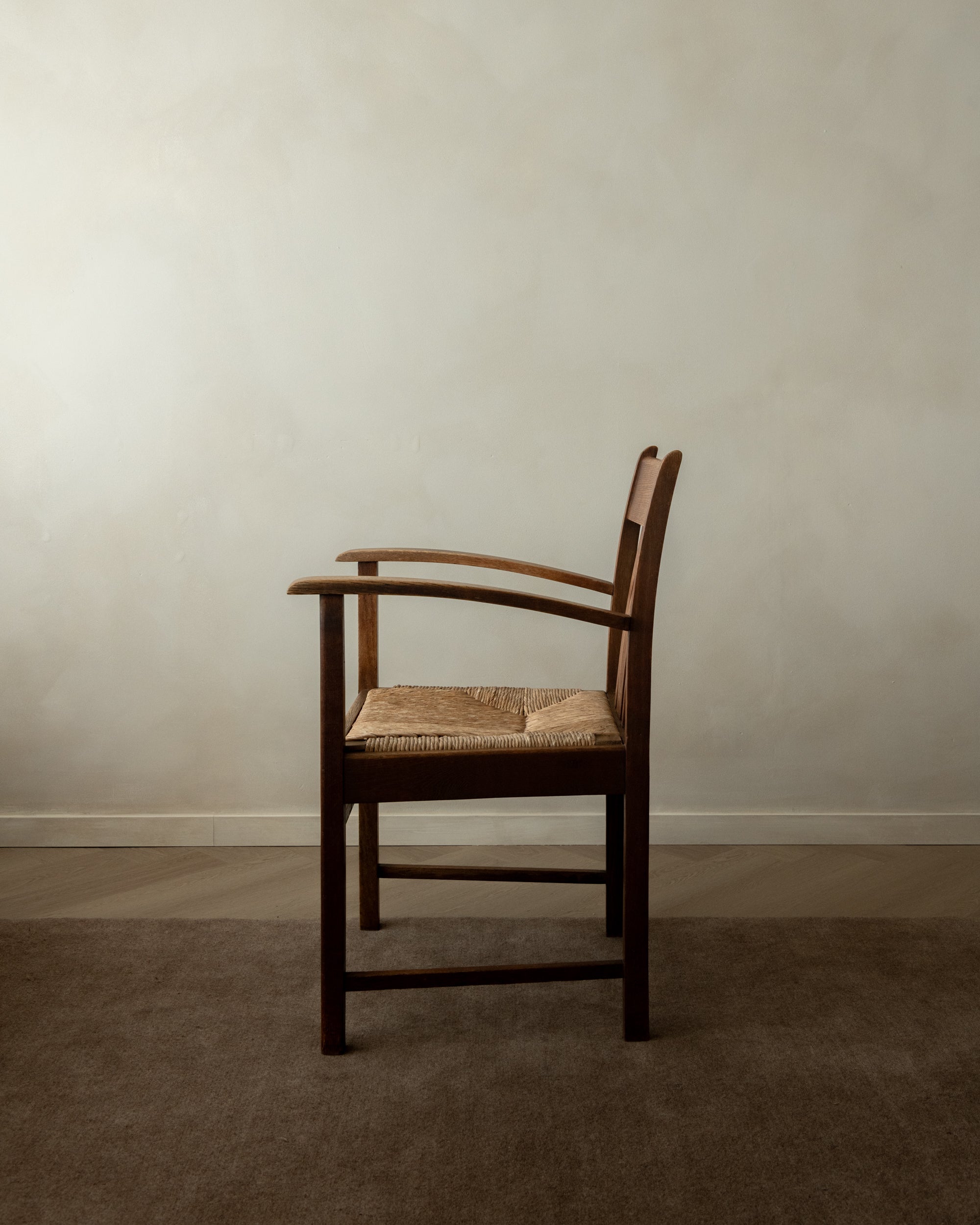 Dutch Art Deco Oak and Rush Armchair, Amsterdam School, 1920s
