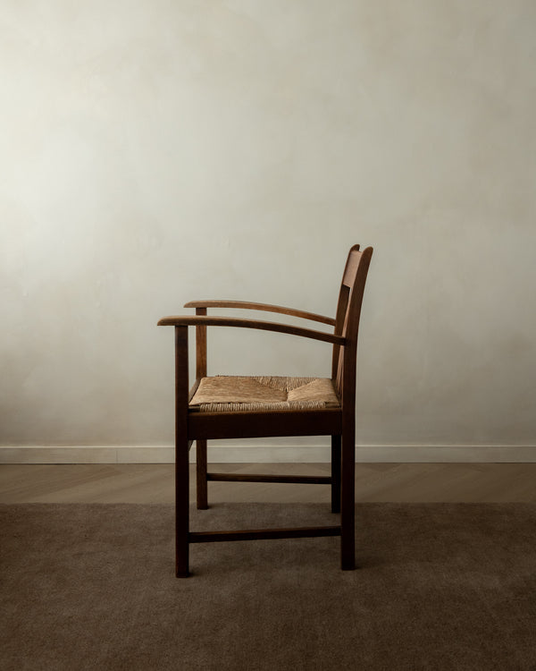 Dutch Art Deco Oak and Rush Armchair, Amsterdam School, 1920s