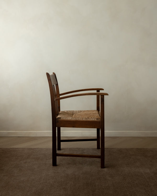 Dutch Art Deco Oak and Rush Armchair, Amsterdam School, 1920s