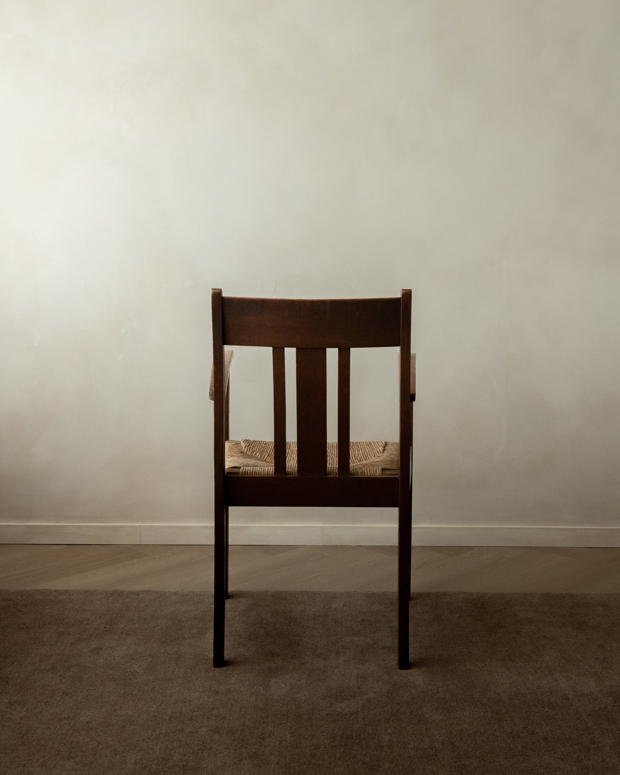 Dutch Art Deco Oak and Rush Armchair, Amsterdam School, 1920s
