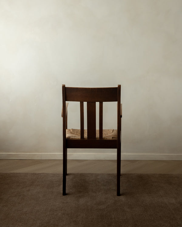Dutch Art Deco Oak and Rush Armchair, Amsterdam School, 1920s