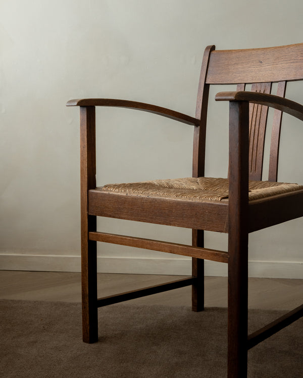 Dutch Art Deco Oak and Rush Armchair, Amsterdam School, 1920s