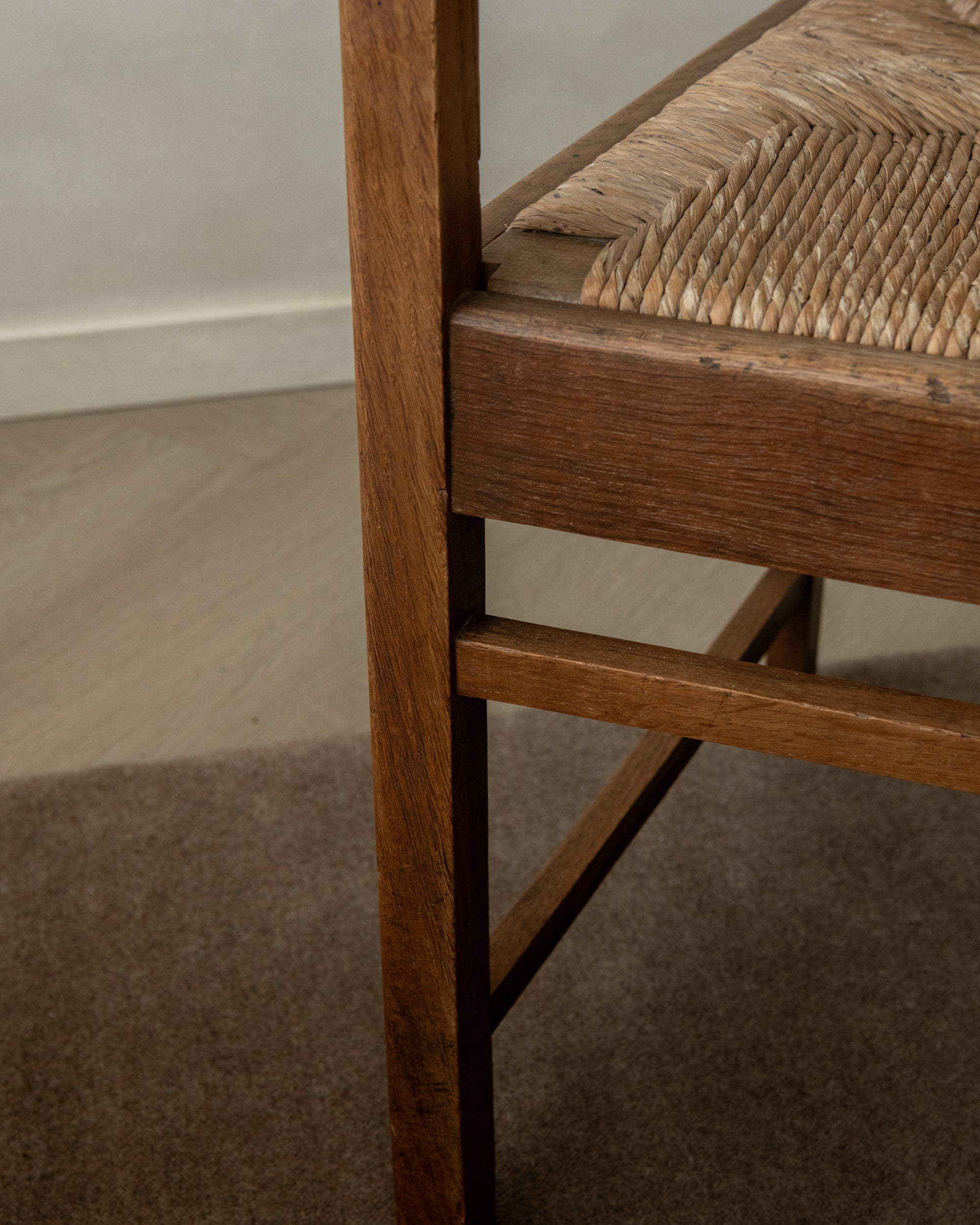 Dutch Art Deco Oak and Rush Armchair, Amsterdam School, 1920s