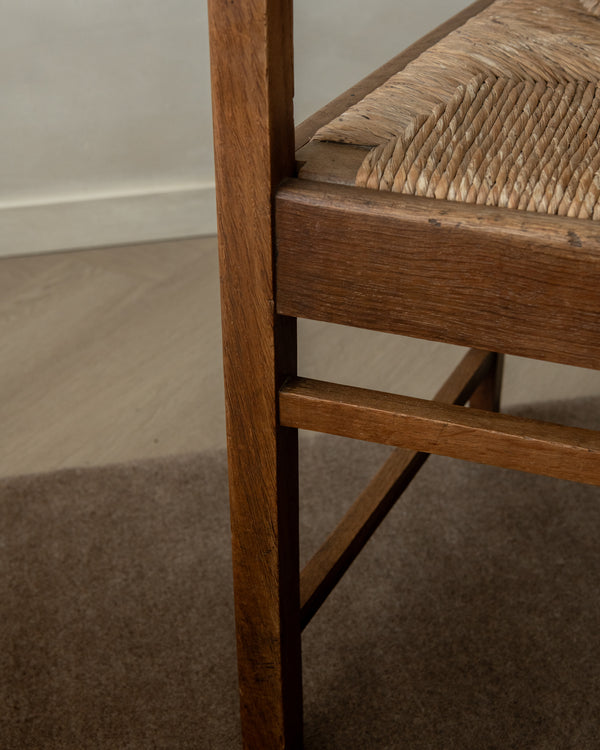 Dutch Art Deco Oak and Rush Armchair, Amsterdam School, 1920s