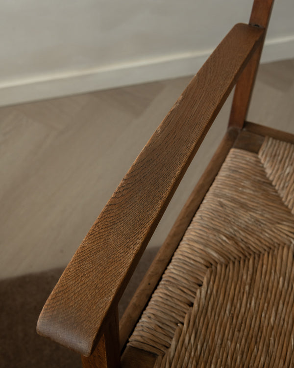Dutch Art Deco Oak and Rush Armchair, Amsterdam School, 1920s