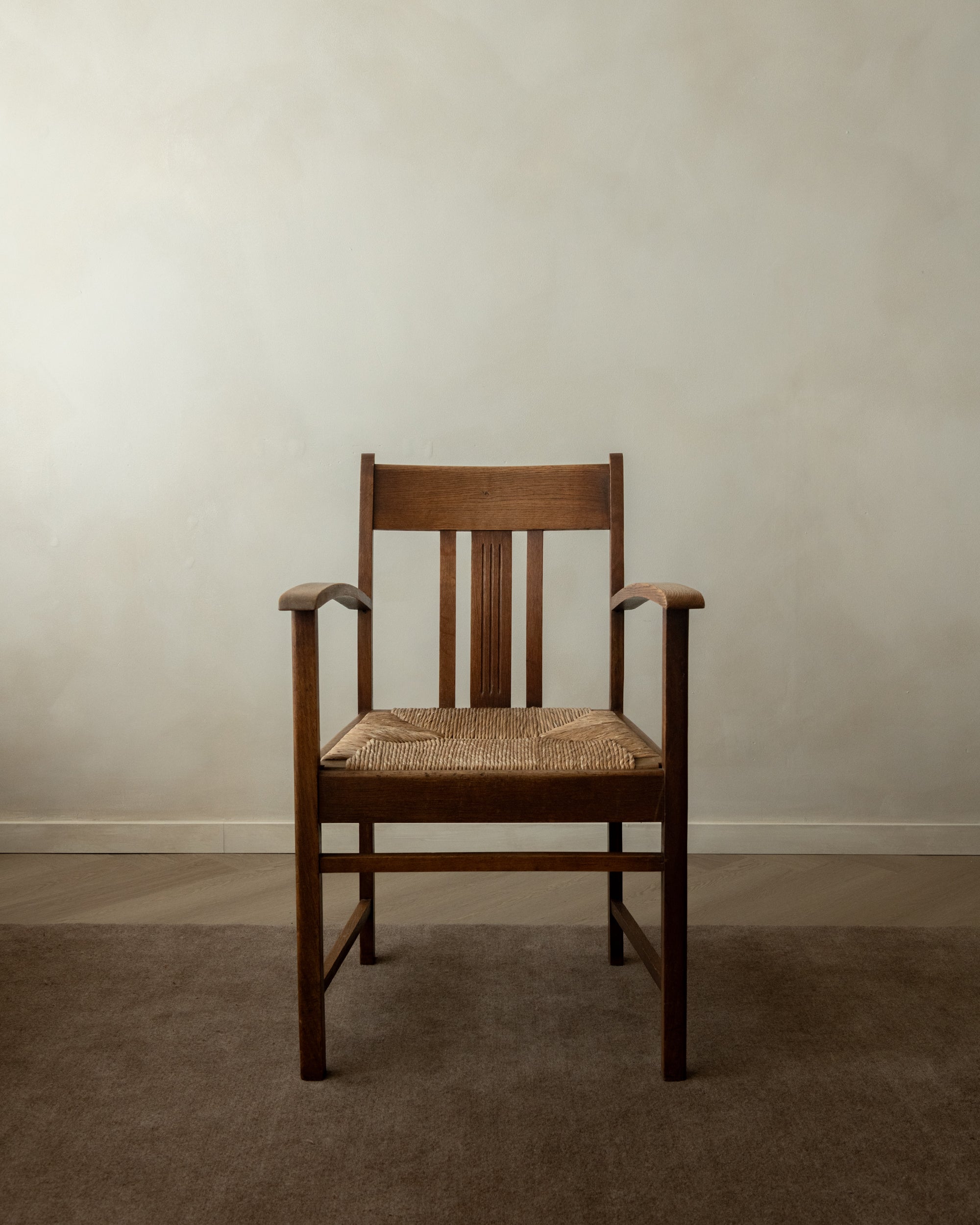 Dutch Art Deco Oak and Rush Armchair, Amsterdam School, 1920s
