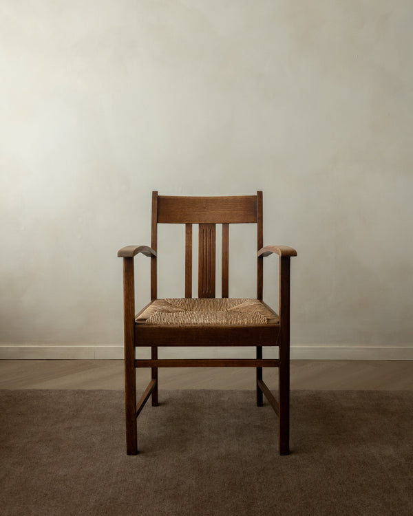 Dutch Art Deco Oak and Rush Armchair, Amsterdam School, 1920s