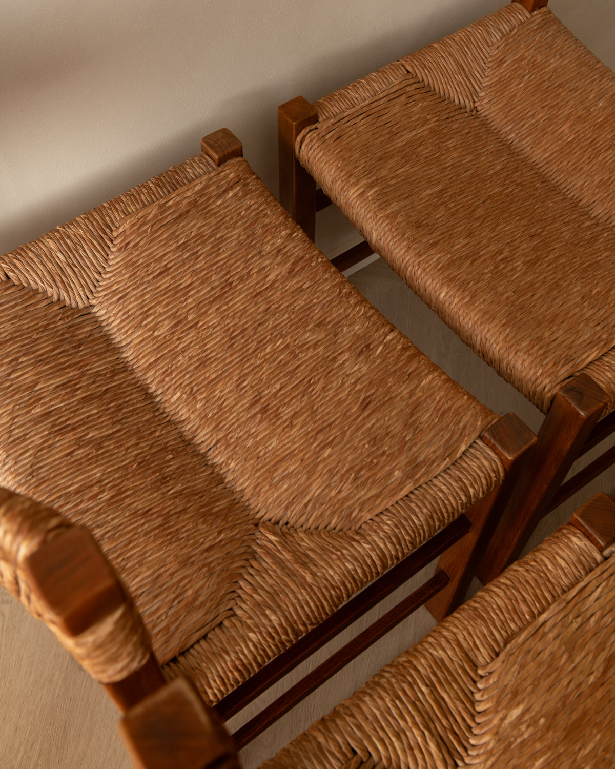 French Mid-Century Wood and Rush Dining Chairs, 1960s, Set of 6