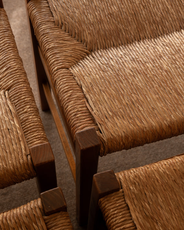 French Mid-Century Wood and Rush Dining Chairs, 1960s, Set of 6