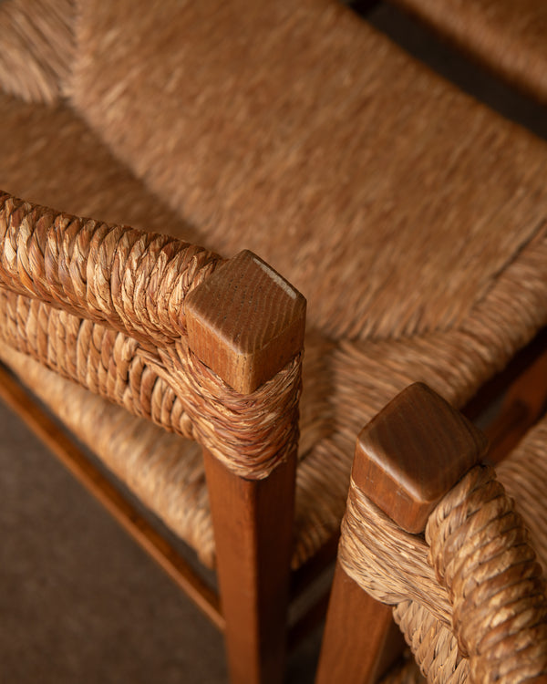 French Mid-Century Wood and Rush Dining Chairs, 1960s, Set of 6