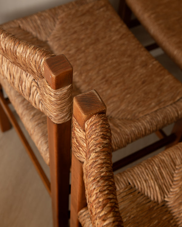 French Mid-Century Wood and Rush Dining Chairs, 1960s, Set of 6