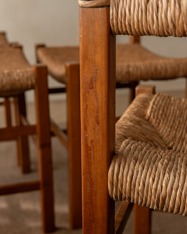 French Mid-Century Wood and Rush Dining Chairs, 1960s, Set of 6