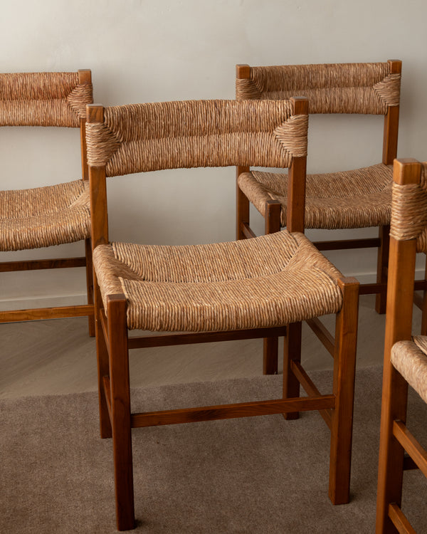 French Mid-Century Wood and Rush Dining Chairs, 1960s, Set of 6