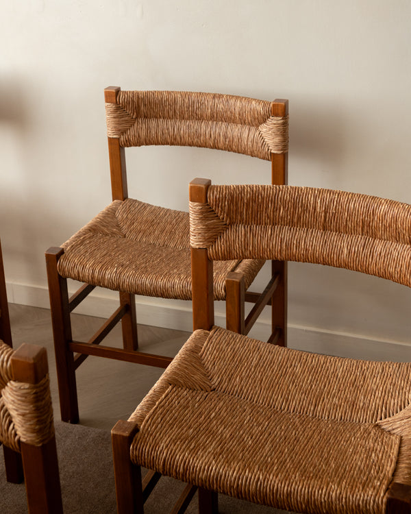French Mid-Century Wood and Rush Dining Chairs, 1960s, Set of 6