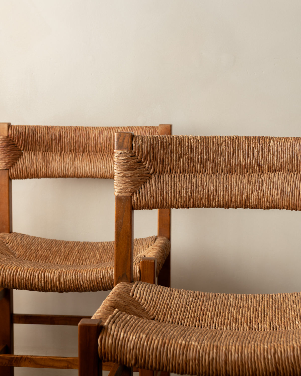 French Mid-Century Wood and Rush Dining Chairs, 1960s, Set of 6
