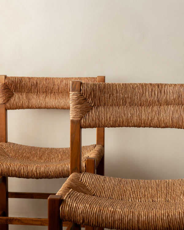 French Mid-Century Wood and Rush Dining Chairs, 1960s, Set of 6