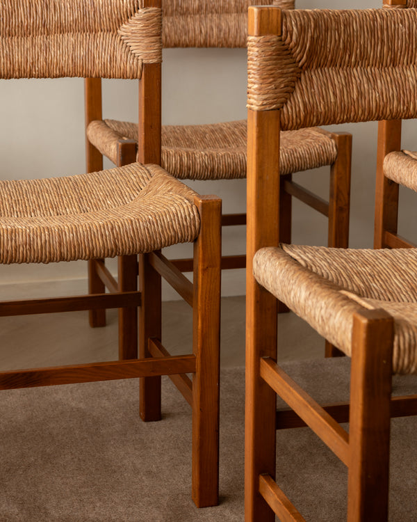 French Mid-Century Wood and Rush Dining Chairs, 1960s, Set of 6