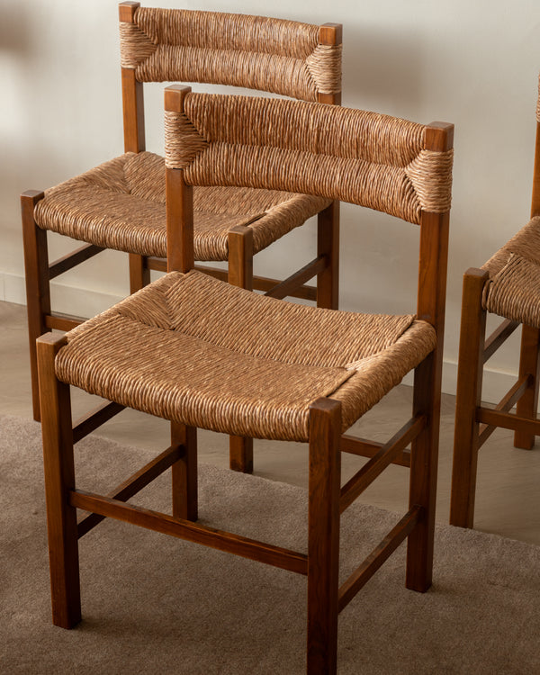 French Mid-Century Wood and Rush Dining Chairs, 1960s, Set of 6