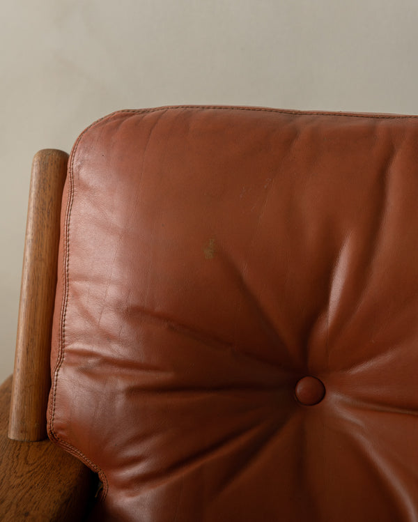 Vintage Lounge Chair Bonanza by Esko Pajamies for Asko, Oak Leather Armchair, 1960s