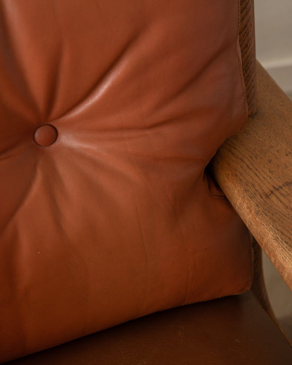 Vintage Lounge Chair Bonanza by Esko Pajamies for Asko, Oak Leather Armchair, 1960s