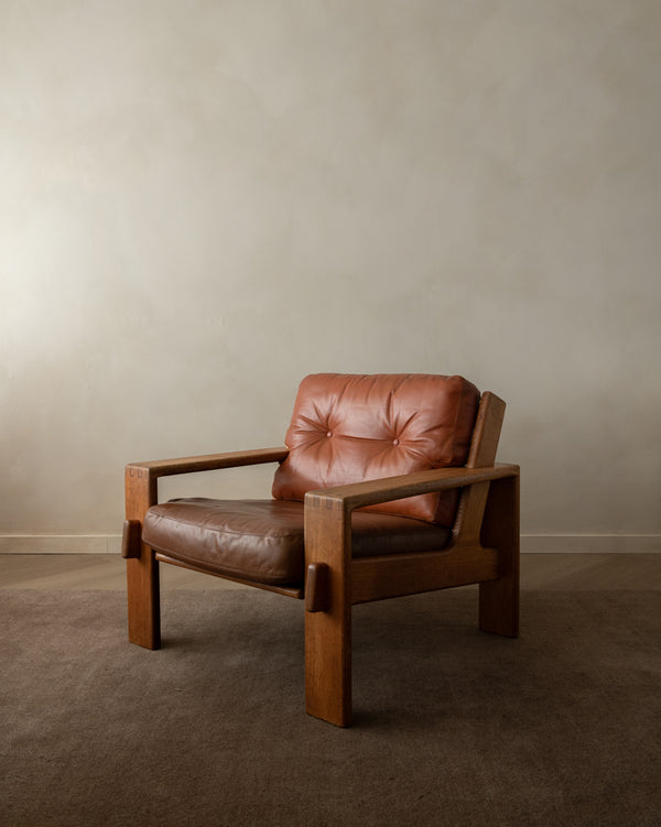 Vintage Lounge Chair Bonanza by Esko Pajamies for Asko, Oak Leather Armchair, 1960s