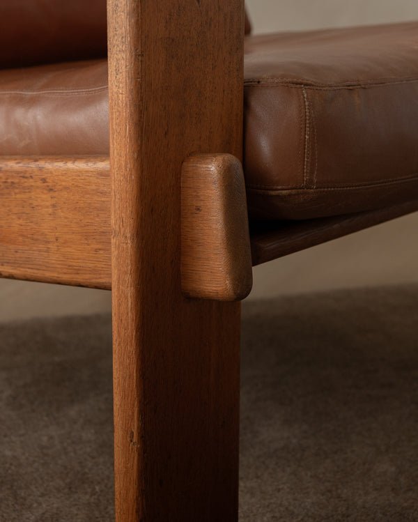 Vintage Lounge Chair Bonanza by Esko Pajamies for Asko, Oak Leather Armchair, 1960s