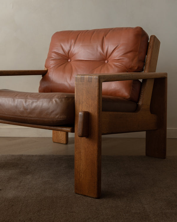 Vintage Lounge Chair Bonanza by Esko Pajamies for Asko, Oak Leather Armchair, 1960s