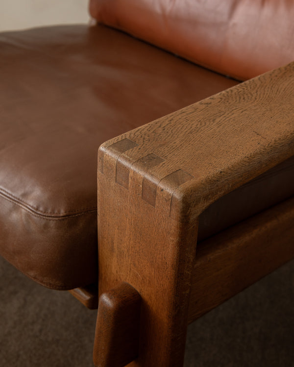 Vintage Lounge Chair Bonanza by Esko Pajamies for Asko, Oak Leather Armchair, 1960s