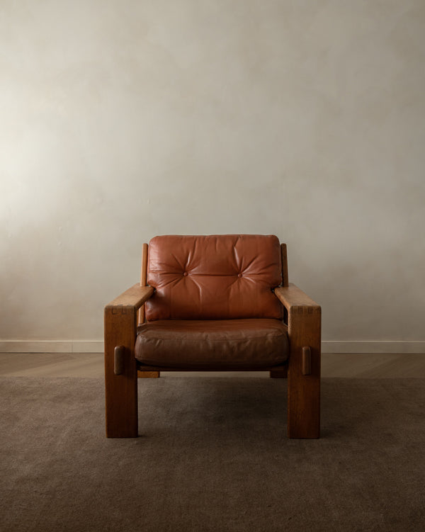 Vintage Lounge Chair Bonanza by Esko Pajamies for Asko, Oak Leather Armchair, 1960s