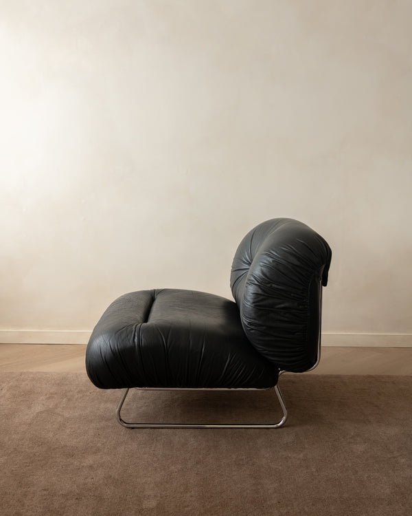 Italian Leather and Chrome Lounge Chairs, 1980s, Set of 3