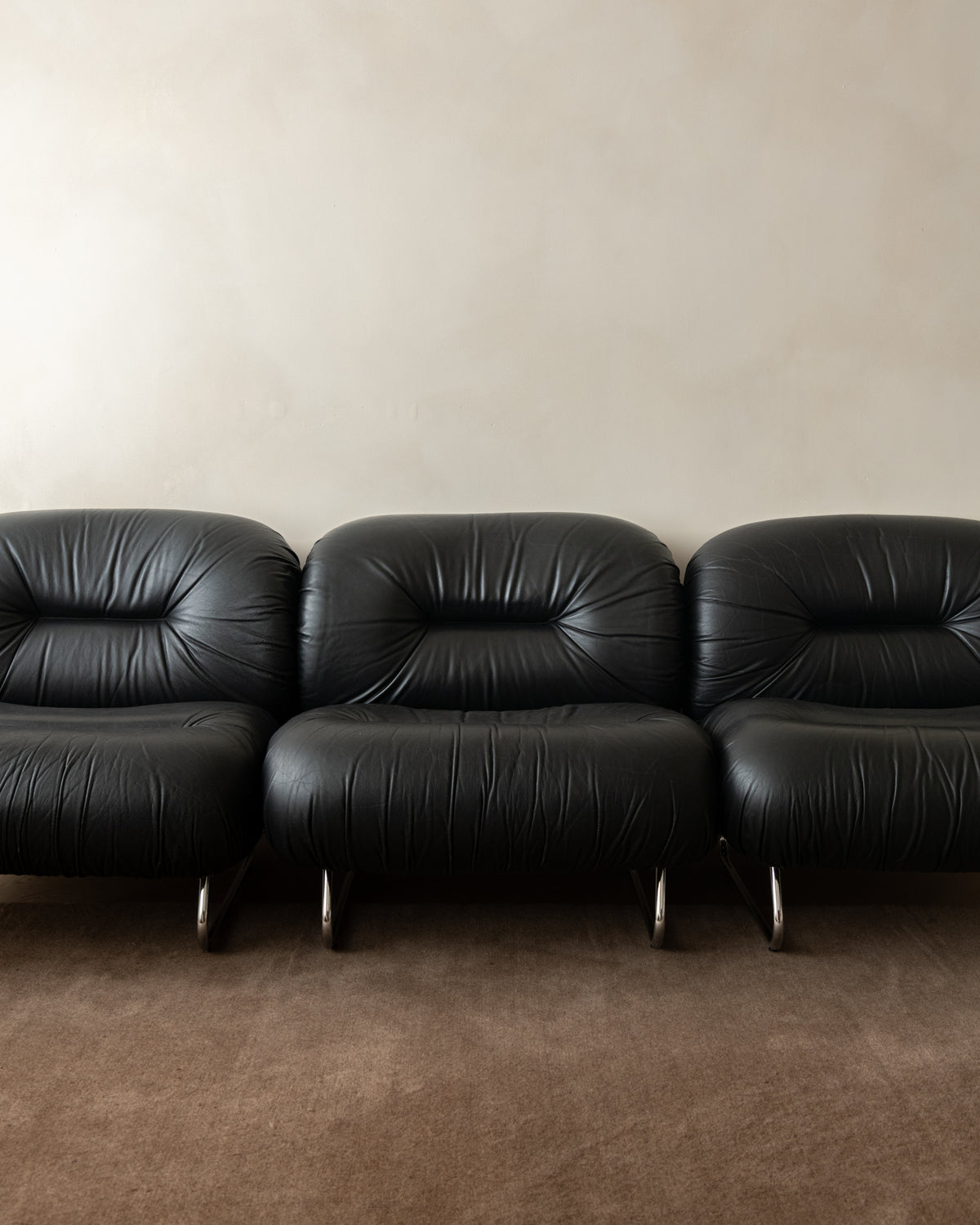 Italian Leather and Chrome Lounge Chairs, 1980s, Set of 3