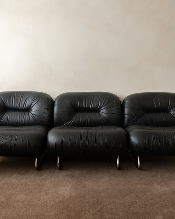 Italian Leather and Chrome Lounge Chairs, 1980s, Set of 3
